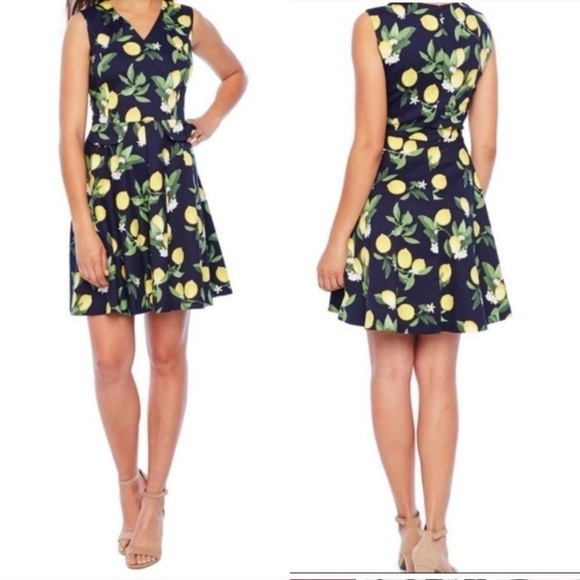 CHETTA B navy lemon citrus floral fit and flare a-line summer dress - Picture 2 of 7